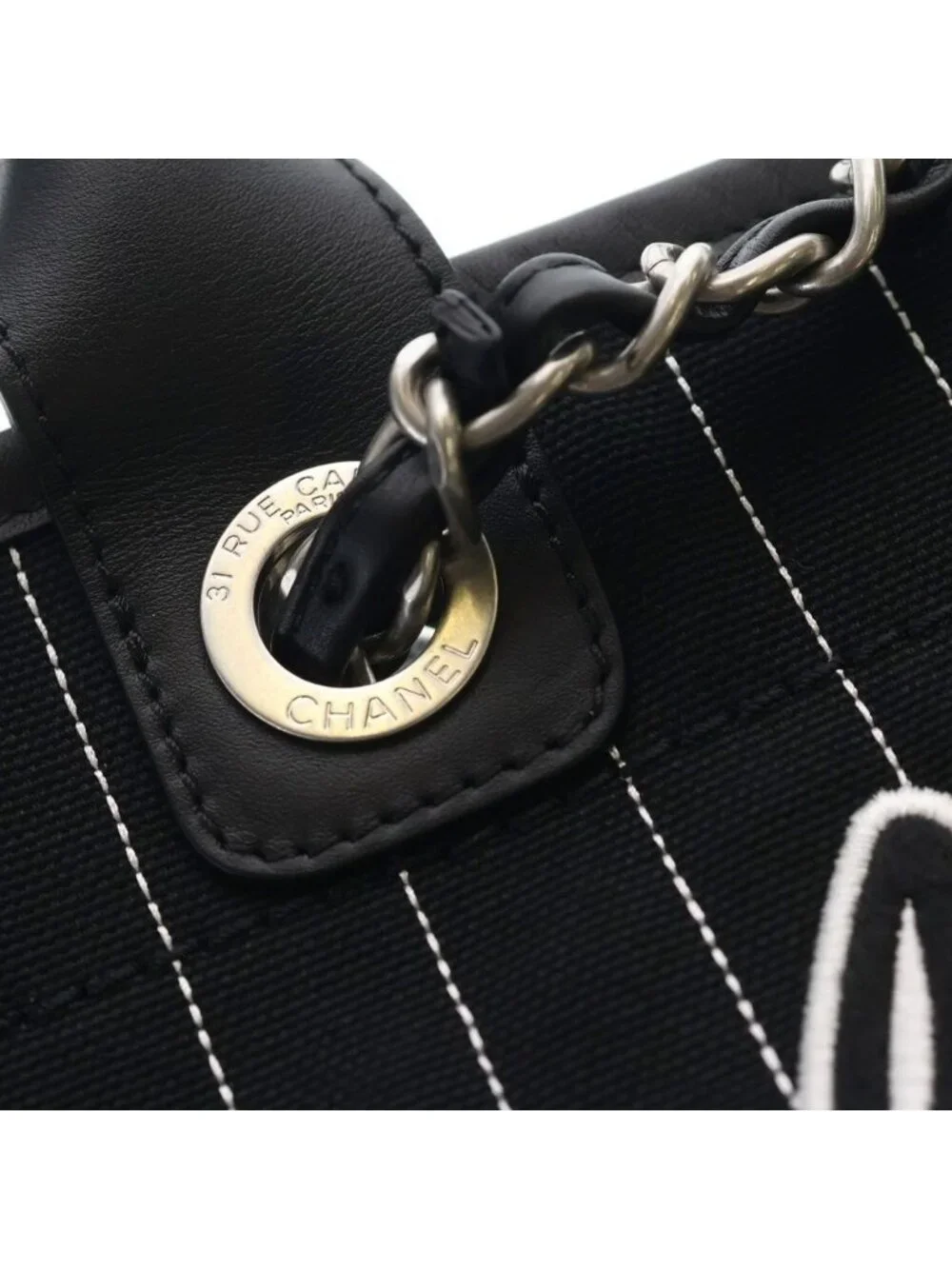 Chanel Deauville Canvas Logo Embroidery Tote Black Leather Silver